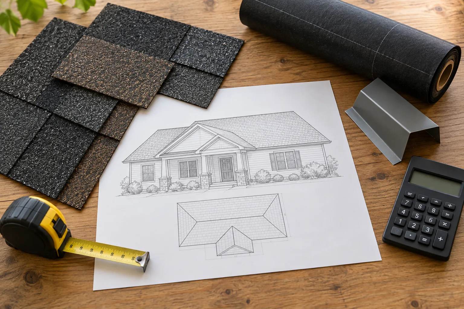 Illustrative roofing budget worktable with shingle samples, flashing, underlayment and a house drawing